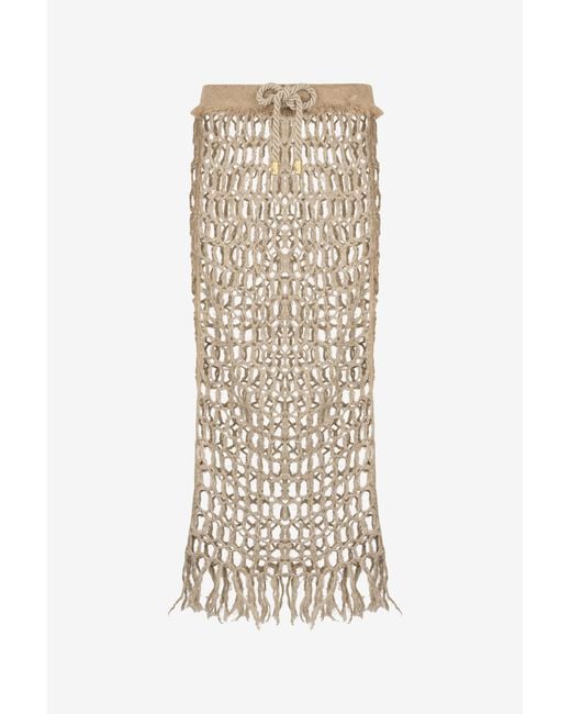 Roberto Cavalli Natural Long Mesh Skirt With Fringes
