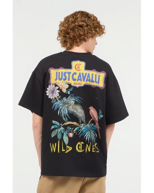Roberto Cavalli Black T-Shirt With Floral And Tropical Bird Print for men
