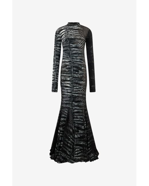 Roberto Cavalli Black Long See-Through Dress With Zebra Pattern