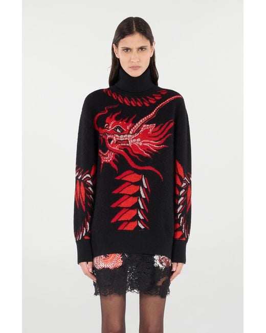 Roberto Cavalli Red Long Sweater With Pattern And Dragon