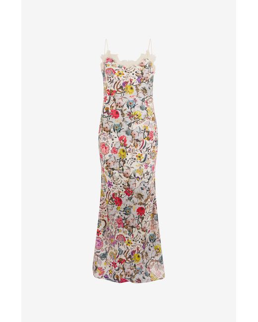 Roberto Cavalli White Long Silk Dress With Florentine Flowers Print