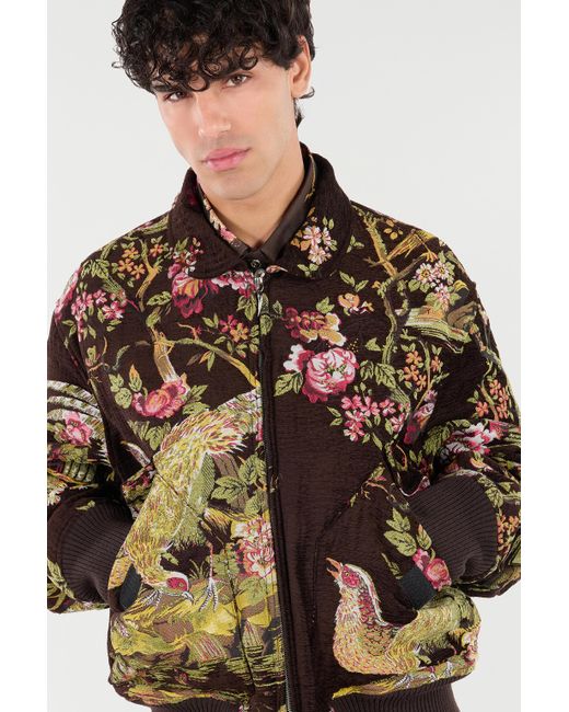 Roberto Cavalli Brown Bomber Jacket With Oriental Bird Print for men