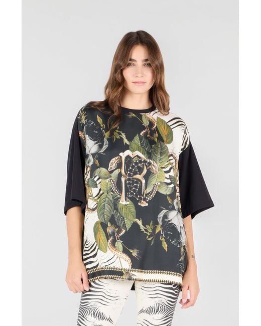 Roberto Cavalli Multicolor T-Shirt With Mirror Snake Monogram And Jungle Print