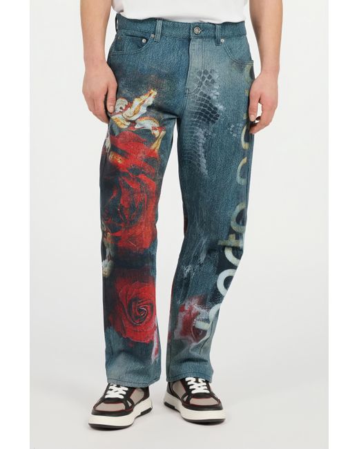 Roberto Cavalli Blue Jeans With Rose And Snake Print for men