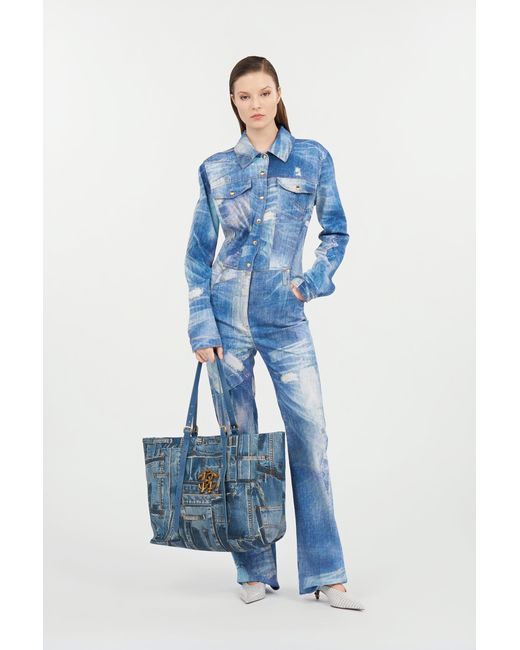 Roberto Cavalli Blue Patchwork Denim Jumpsuit