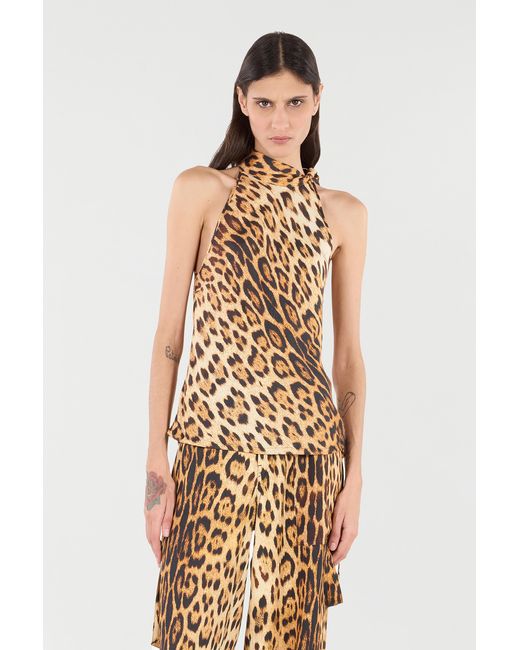 Roberto Cavalli Brown Halterneck Top With Jaguar Skin Print