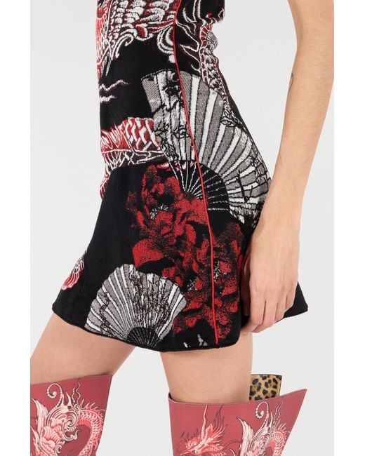 Roberto Cavalli Black Mini Dress With Floral And Dragon Pattern