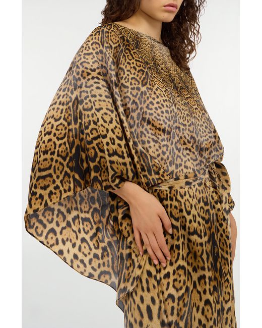 Roberto Cavalli Natural Long Silk Dress With Jaguar Skin Print