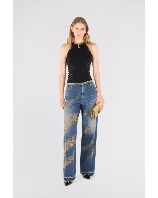 Roberto Cavalli Blue Jeans With Rhinestoned Zebra Pattern