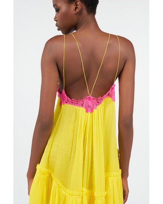 Roberto Cavalli Yellow Chiffon Dress With Lace Detail