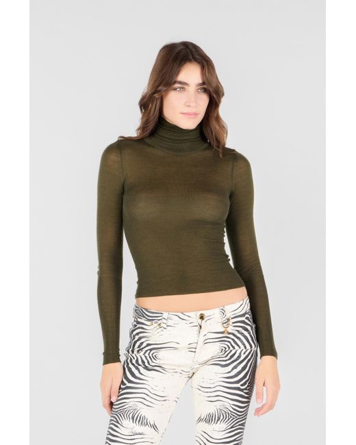 Roberto Cavalli Green Silk/Wool-Blend Turtleneck