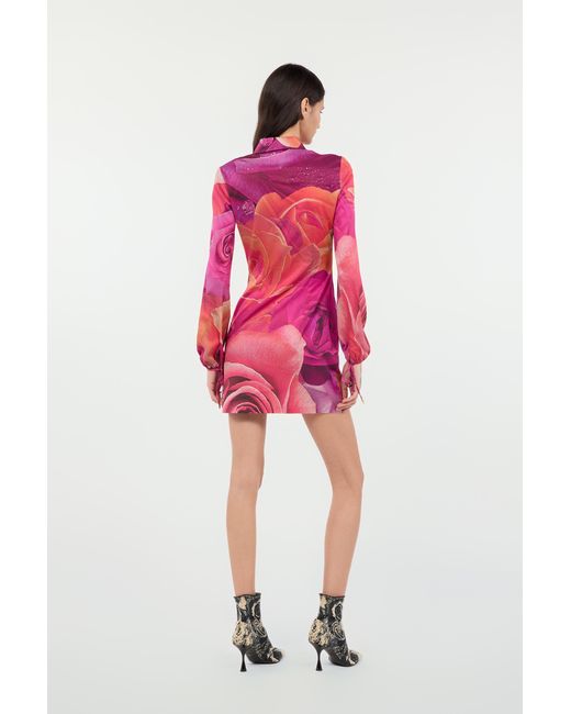 Roberto Cavalli Pink Mini Dress With Garden Rose Print