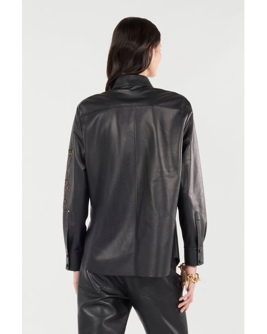 Roberto Cavalli Black Leather Shirt With Perforated Roses