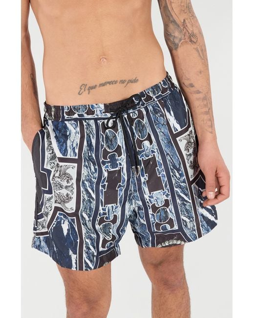 Roberto Cavalli Blue Swim Shorts With Fang And Marble Print for men