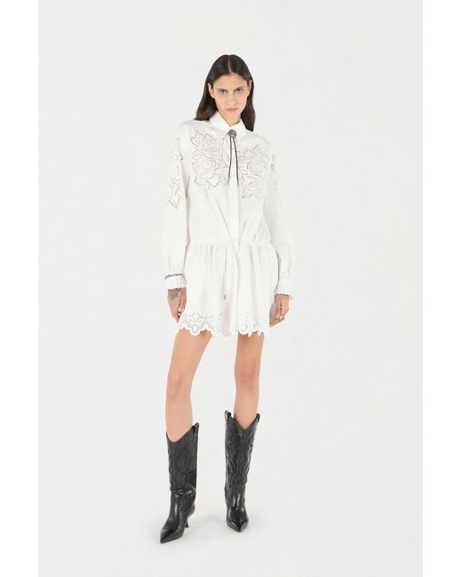 Roberto Cavalli White Mini Shirt Dress With Perforated Roses