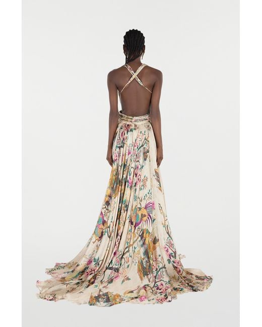 Roberto Cavalli Natural Extra-Long Silk Dress With Oriental Bird Print