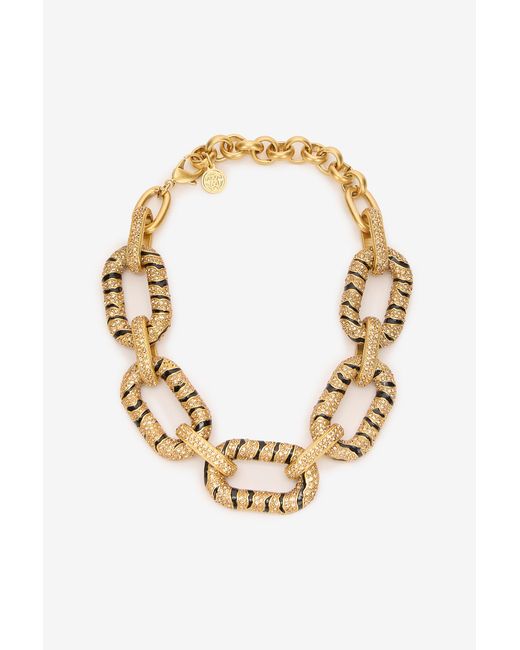 Roberto Cavalli Metallic Chain Necklace With Crystals And Tiger Skin Pattern