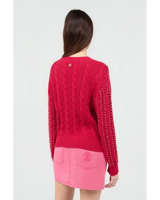 Roberto Cavalli Red Studded Cable-Knit Sweater