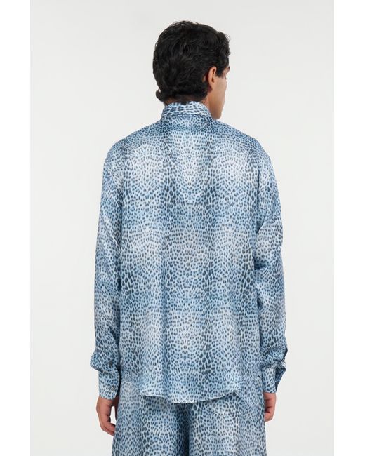 Roberto Cavalli Blue Silk Shirt With Baby Jaguar Print for men