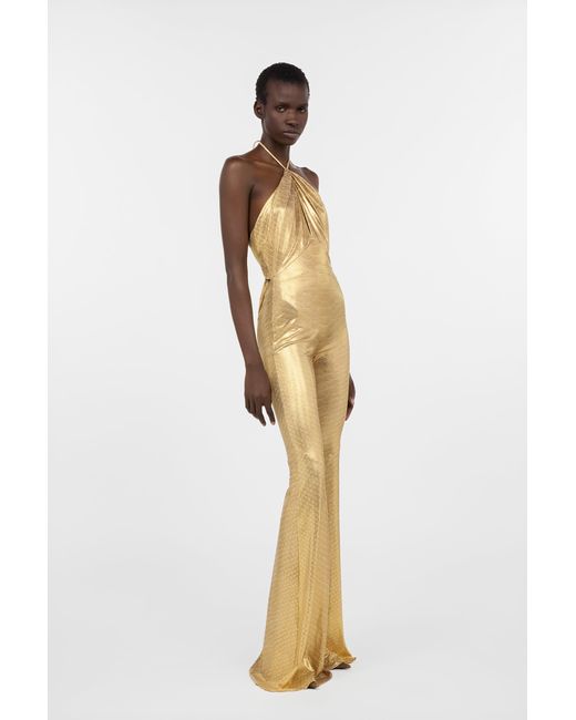 Roberto Cavalli Metallic Golden Jumpsuit With Serpentine Print