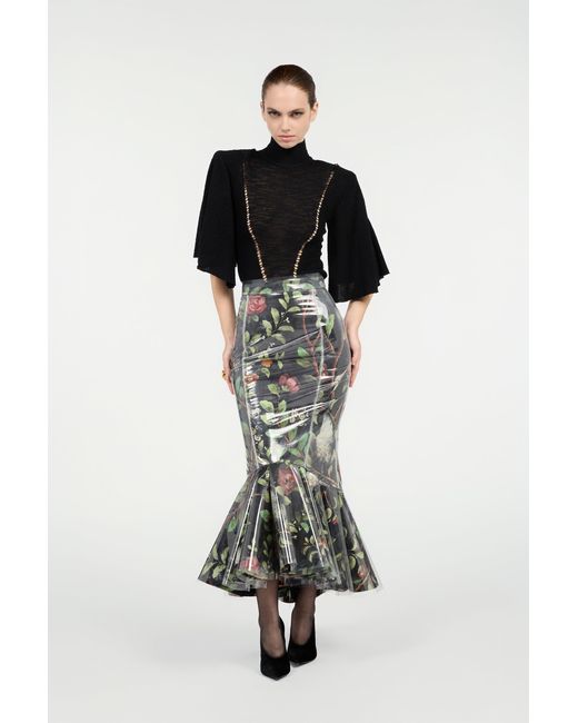 Roberto Cavalli Black Mermaid Skirt With Shrub And Flower Print