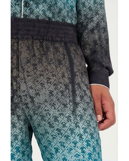 Roberto Cavalli Green Monogram Print Silk Trousers for men