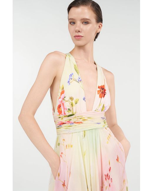 Roberto Cavalli White Long Chiffon Dress With Miami Flowers Print