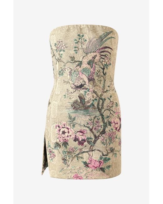 Roberto Cavalli Natural Mini Dress With Oriental Bird Print