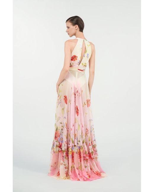 Roberto Cavalli White Long Chiffon Dress With Miami Flowers Print