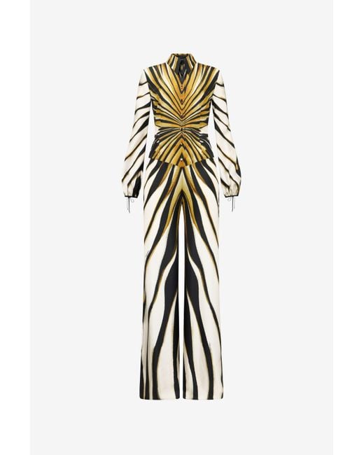 Roberto Cavalli White Ray Of Print Silk Jumpsuit