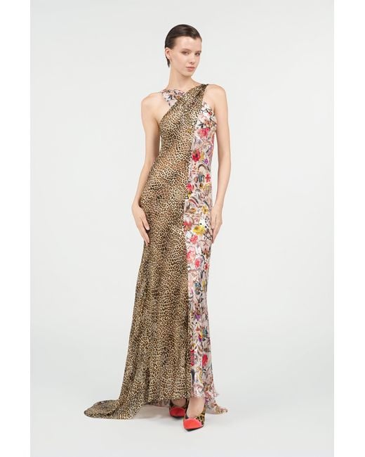 Roberto Cavalli White Long Chiffon Dress With Florentine Flowers Print