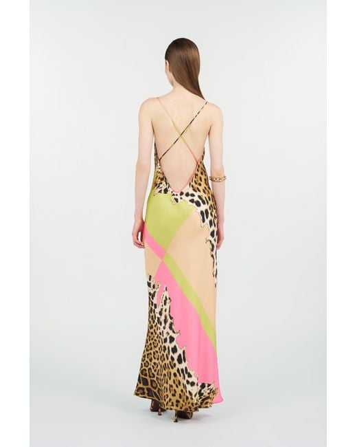 Roberto Cavalli White Long Silk Dress With Cavalli Pop Print