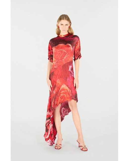 Roberto Cavalli Red Crinkled Asymmetric Dress With Rose Print