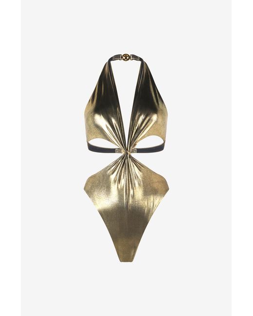 Roberto Cavalli Metallic Golden One-Piece Swimsuit With Snake Detail And Cut-Outs