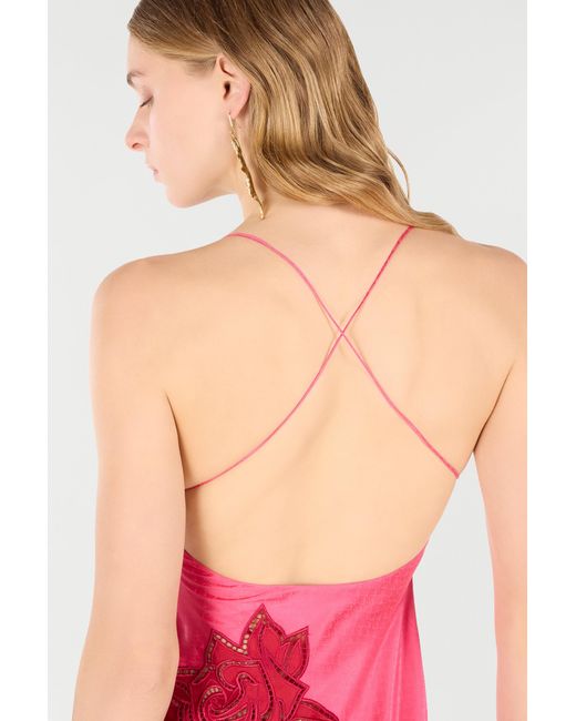 Roberto Cavalli Red Long Dress With Perforated Rose Pattern