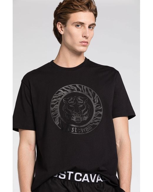 Roberto Cavalli Black Just Cavalli Logo-Print Cotton T-Shirt for men
