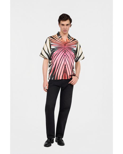 Roberto Cavalli Red Ray Of Paradise Print Denim Shirt for men