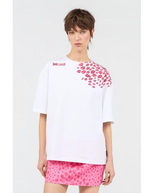 Roberto Cavalli White The Jaguar Kiss Print T-Shirt