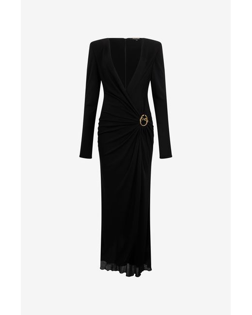 Roberto Cavalli Black Draped Long Dress With Snake Detail
