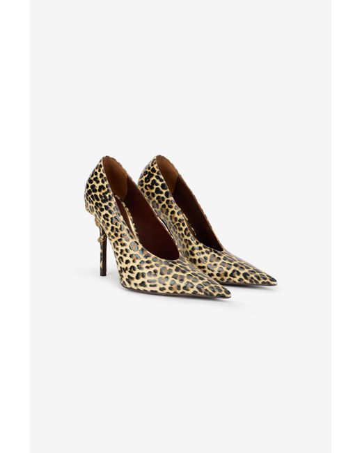 Roberto Cavalli Brown Animal-Print Leather Pumps With Snake Detail