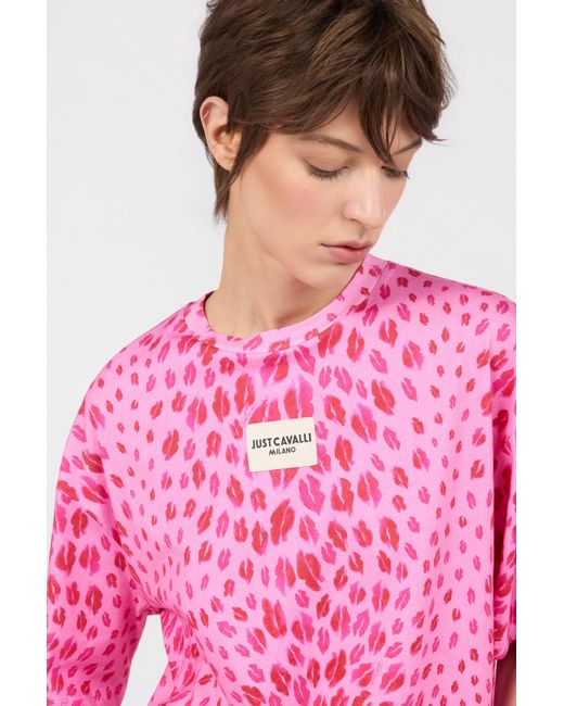 Roberto Cavalli Pink The Jaguar Kiss Print T-Shirt