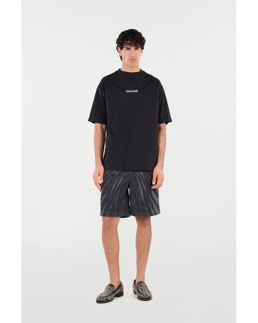 Roberto Cavalli Black Cotton T-Shirt With Tigers And Logo for men