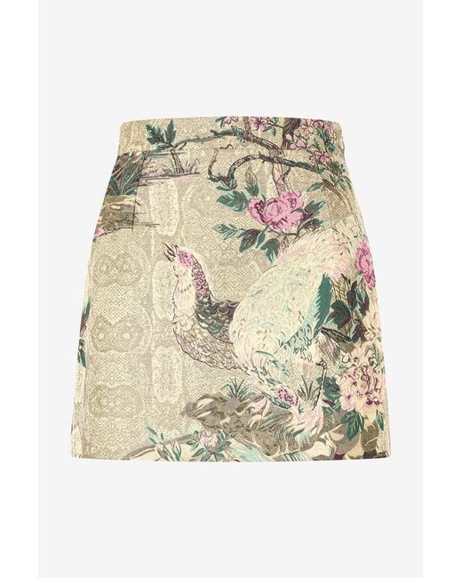 Roberto Cavalli Metallic Miniskirt With Oriental Bird Print
