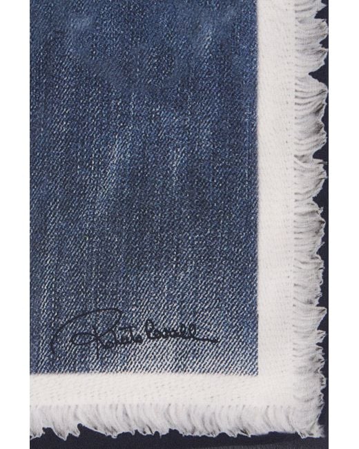 Roberto Cavalli Blue Silk Scarf With Denim Patchwork Print