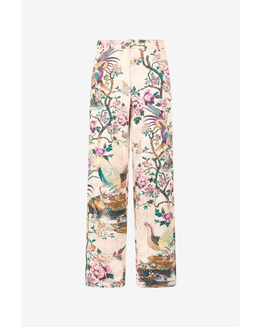 Roberto Cavalli White Jeans With Oriental Bird Print