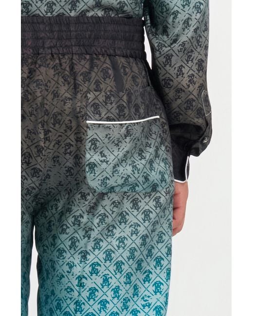 Roberto Cavalli Green Monogram Print Silk Trousers for men