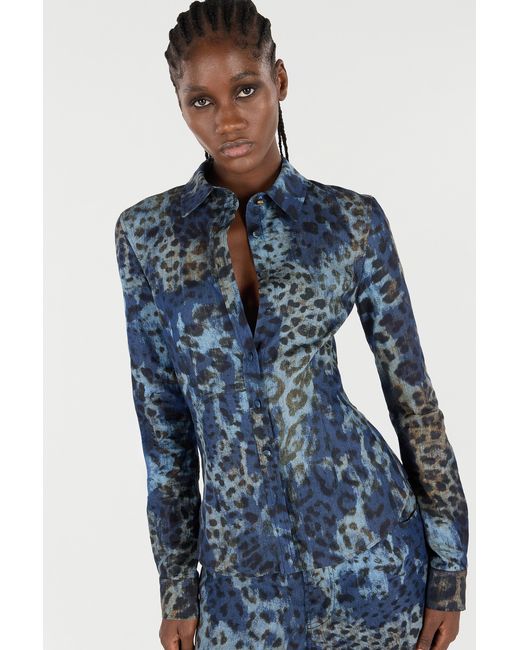Roberto Cavalli Blue Cotton Shirt With Jaguar Skin Print