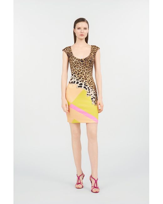 Roberto Cavalli Yellow Mini Dress With Cavalli Pop Print
