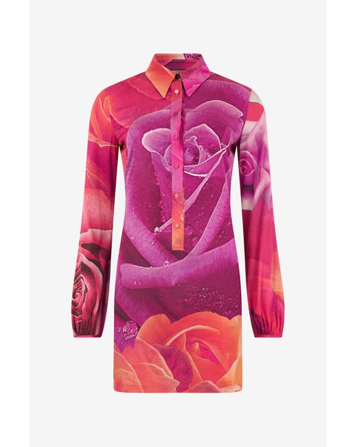 Roberto Cavalli Pink Mini Dress With Garden Rose Print