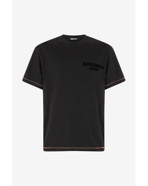 Roberto Cavalli Black T-Shirt With Jc Monogram And Contrasting Topstitching for men